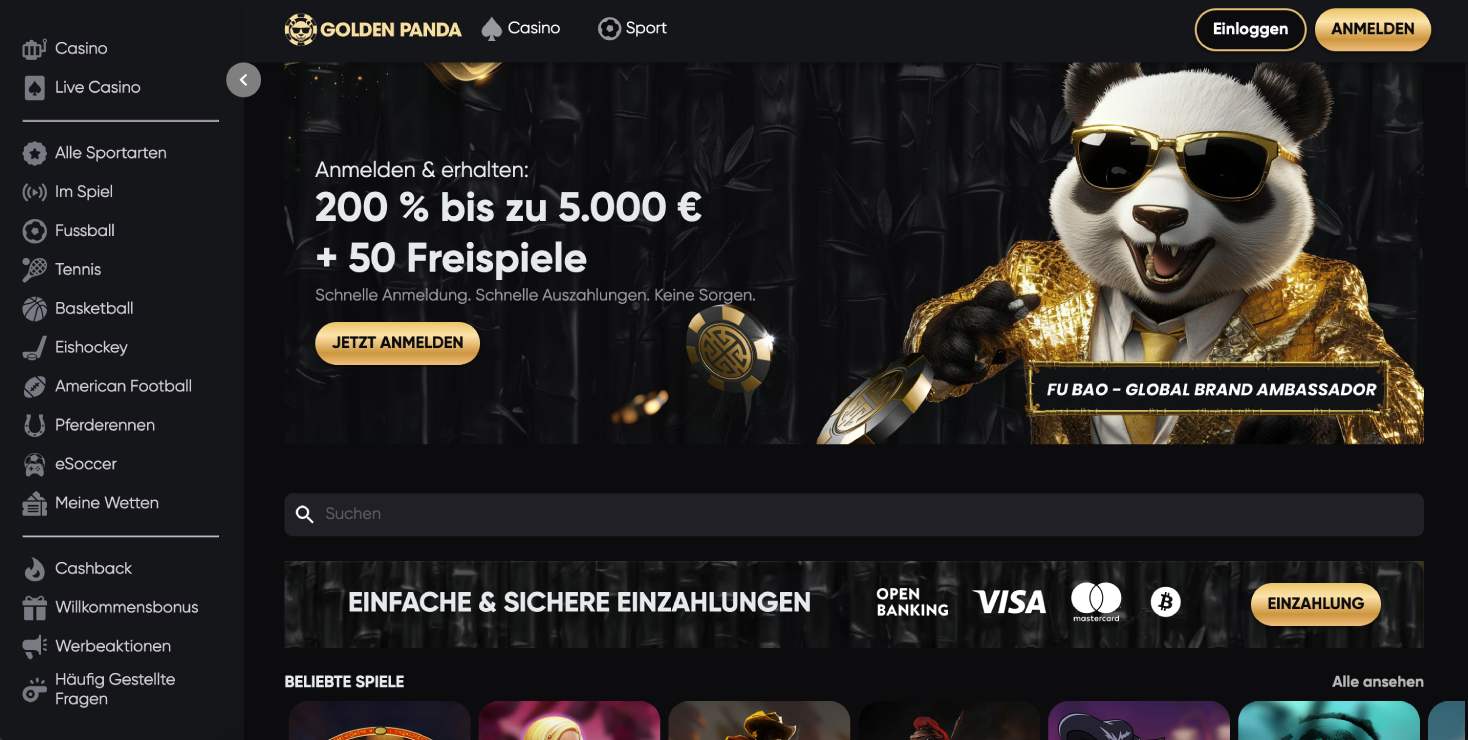 Golden Panda Casino — page d'accueil avec bonus 200% + 5 000€ et Fu Bao